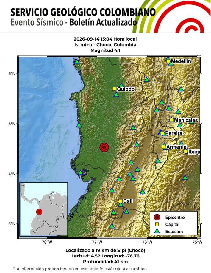 Chocó registró tres sismos en seis minutos la tarde de este lunes