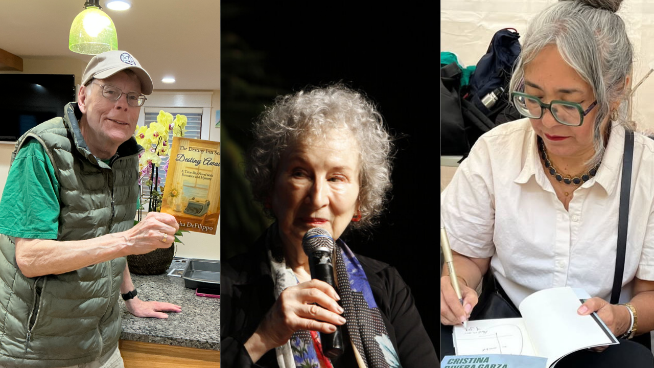 Crédito: Redes sociales. Stephen King, Margaret Atwood y Cristina Rivera Garza.