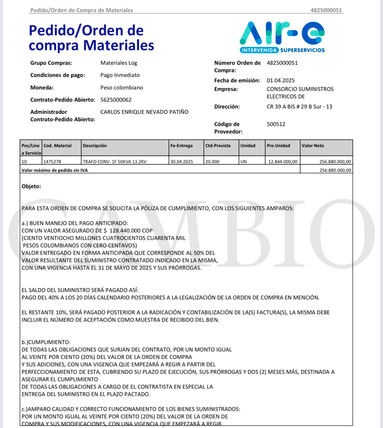 Imagen incluida en el artículo 'Exclusivo: CAMBIO revela los sobrecostos de los transformadores de energía que el ministro Edwin Palma compró como interventor de Air-e'