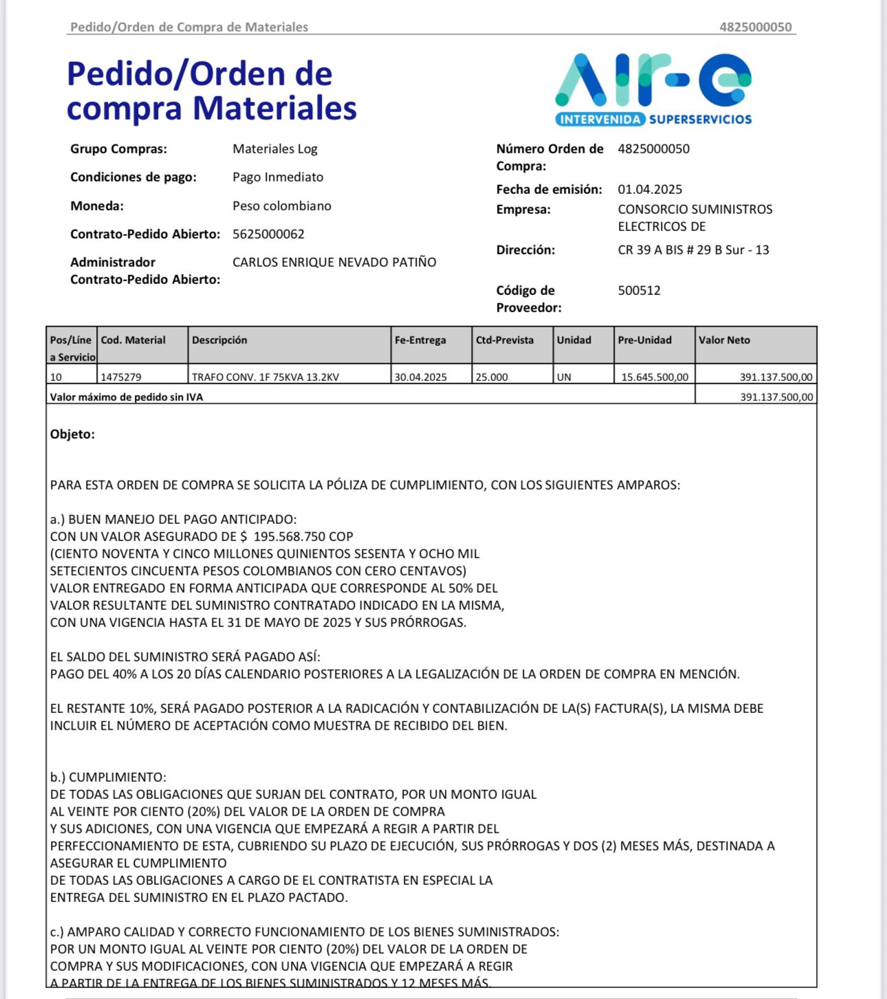 orden de comora tranfo 75