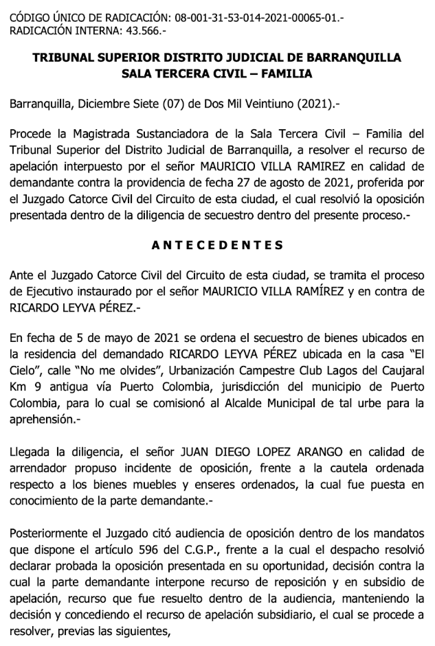 Primera página de la decisión de 7 de diciembre de 2021 de  la Sala Tercera Civil - Familia del Tribunal Superior de Barranquilla