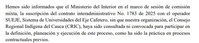 Imagen incluida en el art&iacute;culo 'Exclusivo: una carta del Cric al presidente Petro revela la controversia sobre un contrato millonario'