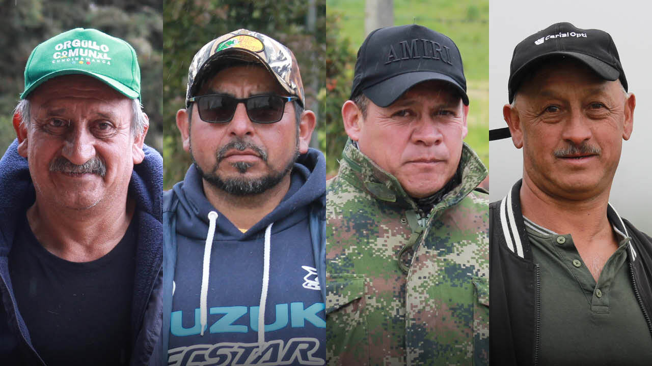 Armando Pérez Escobar, presidente de la Junta de Acción Comunal de la vereda Buenos Aires Epifanía; César Leandro Santiago Pinzón y Julián Guerrero, presidente y revisor fiscal de la vereda Santa Helena; y Juan Simón García, expresidente de la Junta de Acción Comunal de la vereda Buenos Aires Los Pinos.