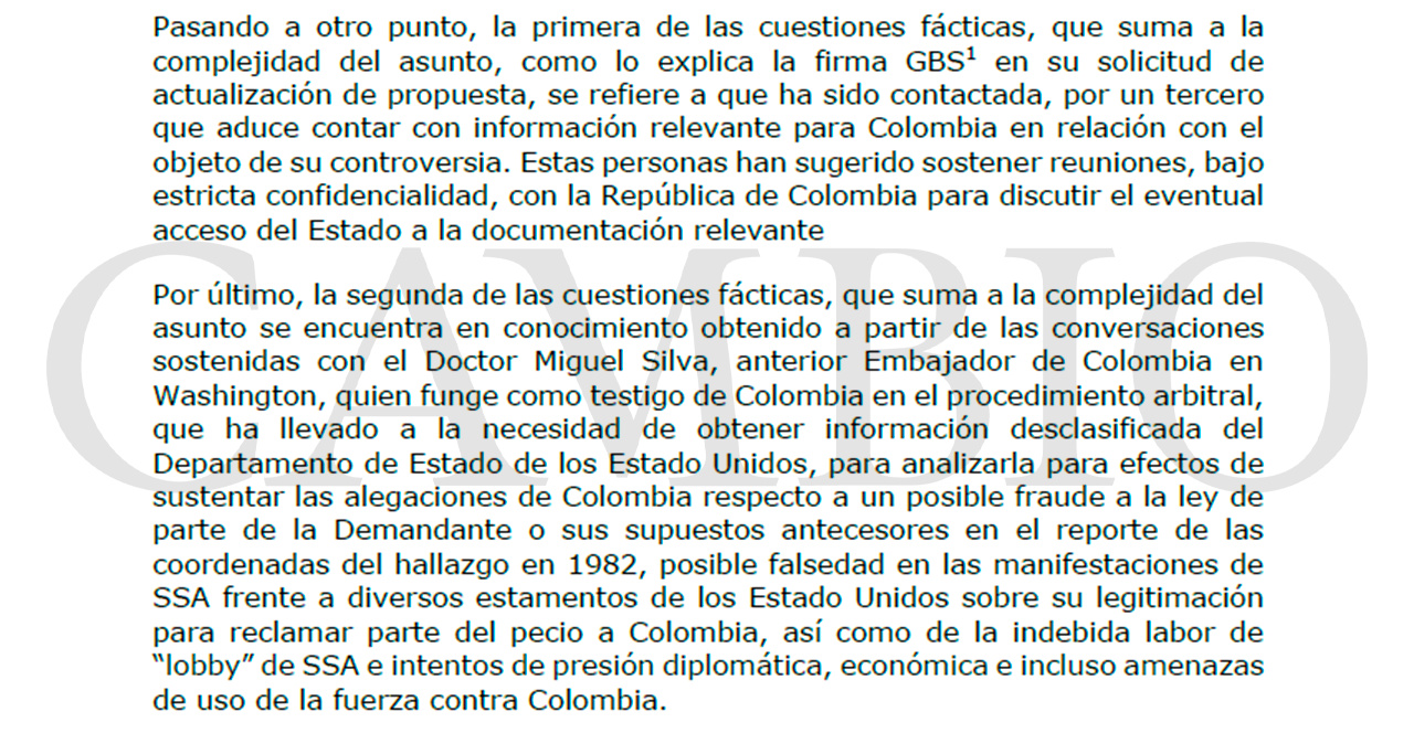 El documento que prueba que Colombia intentará demostrar que Sea Search Armada incurrió en un posible fraude.

Crédito: suministrada.