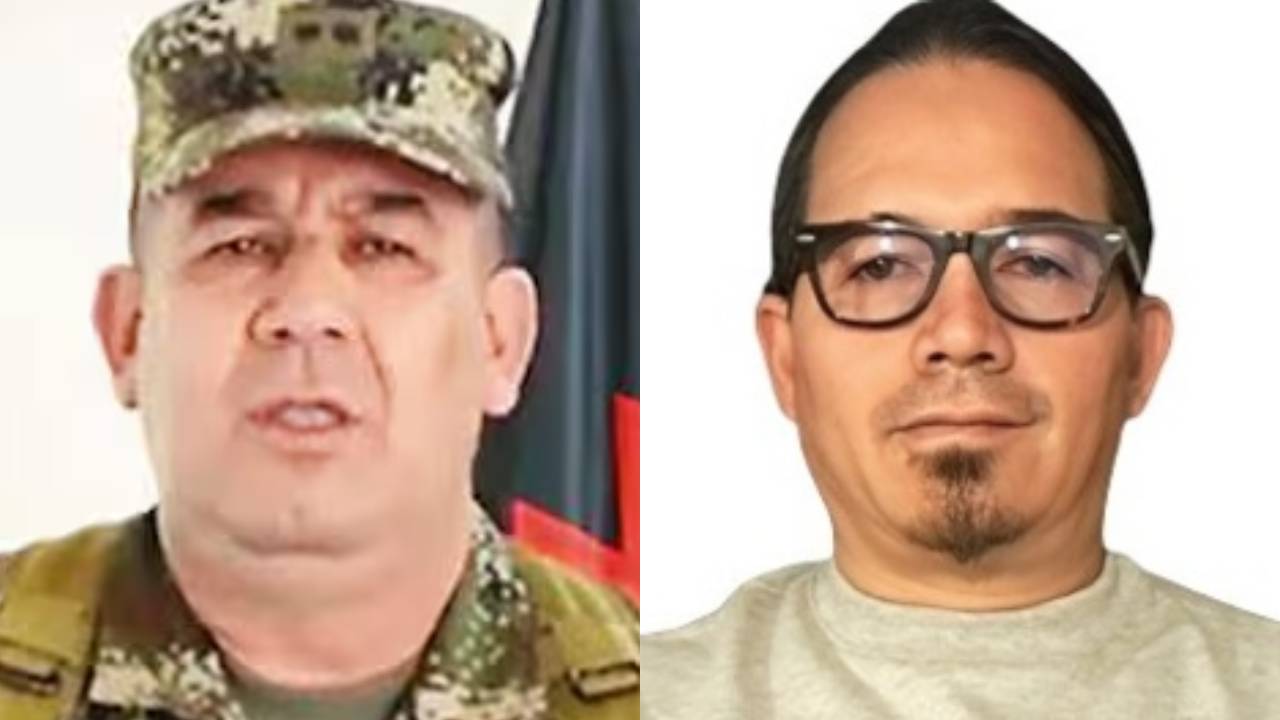 Brigadier general Juan Miguel Huertas Herrera y al director de Inteligencia de la DNI, Wilmar de Jesús Mejía. Crédito: Redes sociales y UDEA.