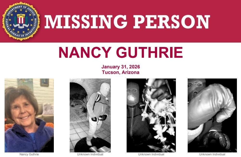 Afiche de búsqueda de Nancy Guthrie, madre de Savannah Guthrie, cuya desaparición tiene en alerta a autoridades y al FBI en Estados Unidos