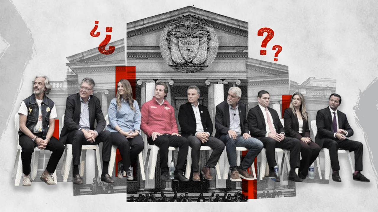 De izquierda a derecha: Juan Daniel Oviedo, Mauricio Cárdenas, Paloma Valencia, Juan Manuel Galán, Aníbal Gaviria, Enrique Peñalosa, Juan Carlos Pinzón, Vicky Dávila y David Luna