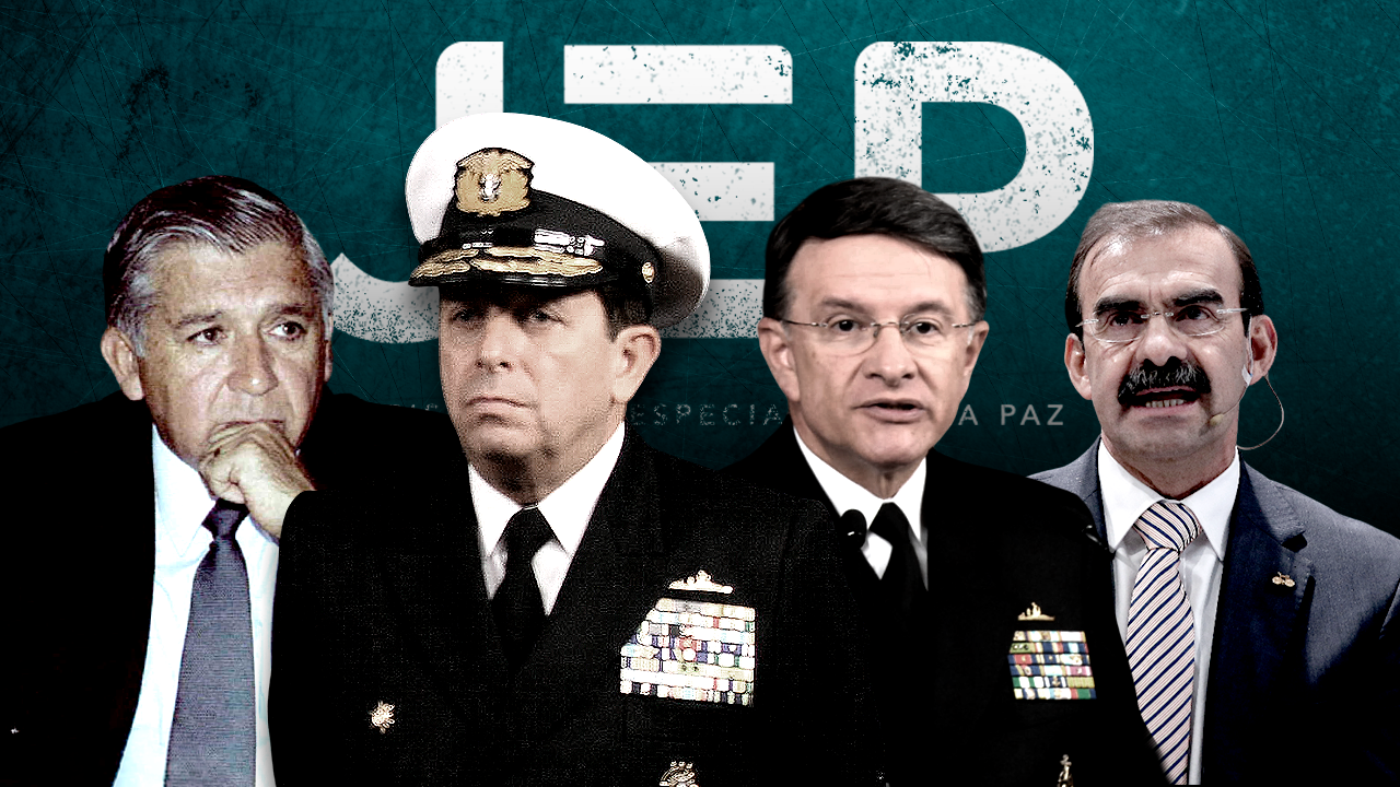 Los exdirectores de la Policía, Rosso José Serrano y Rodolfo Palomino (en los extremos de la foto), y los excomandantes de la Armada, Álvaro Echandía y Guillermo Barrera, son algunos de los vinculados al octavo macrocaso.

Fotoilustración: Kim Vega - CAMBIO.
