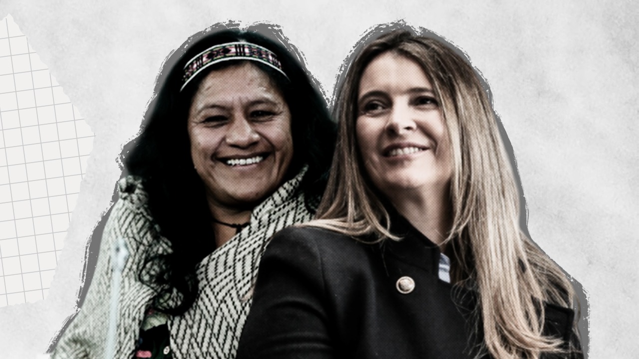 Aída Quilcué, fórmula vicepresidencial de Iván Cepeda del Pacto Histórico; Paloma Valencia, candidata a la presidencia por el Centro Democrático. Foto: Yamith Mariño.