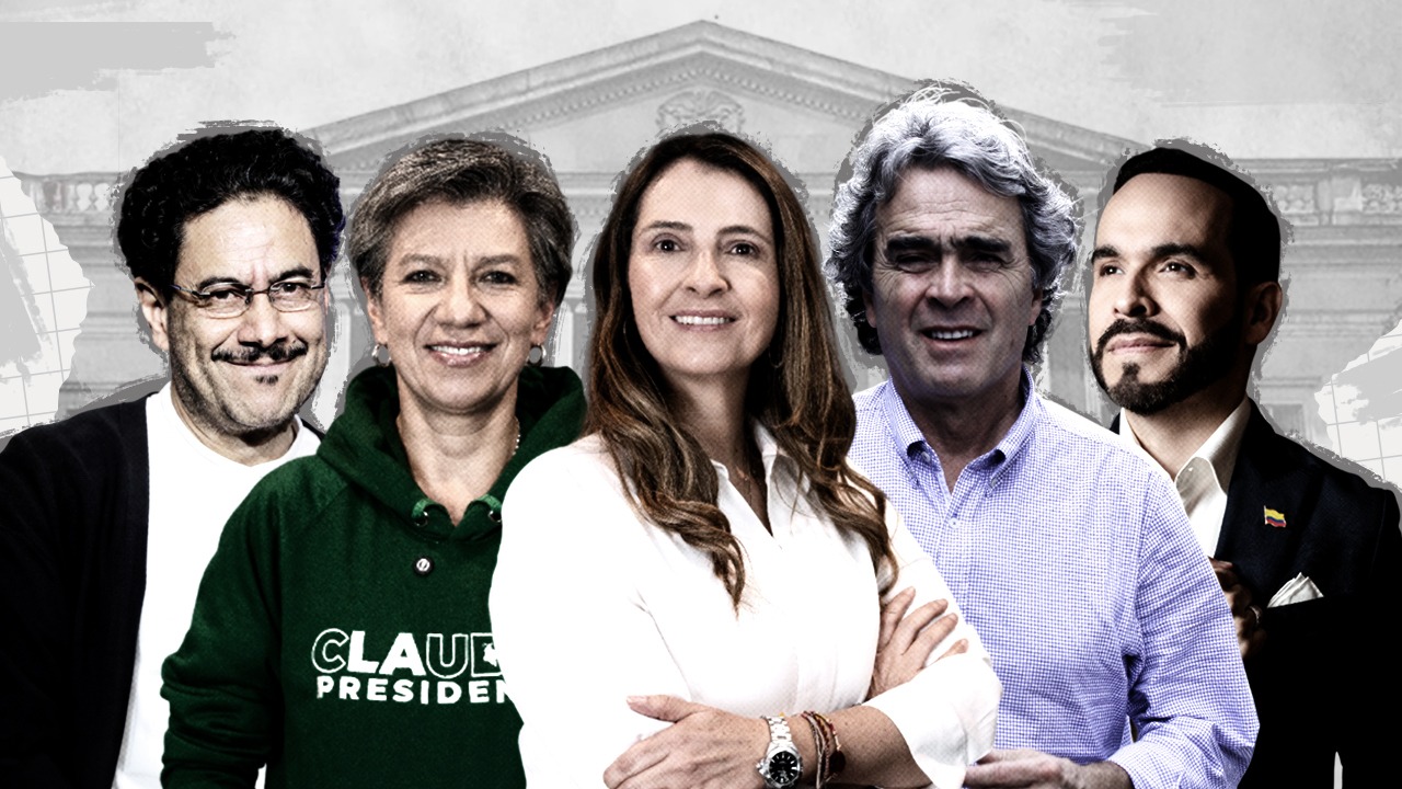 Iván Cepeda, Claudia López, Paloma Valencia, Sergio Fajardo y Abelardo De la Espriella, candidatos presidenciales. Fotoilustración: Yamith Mariño.