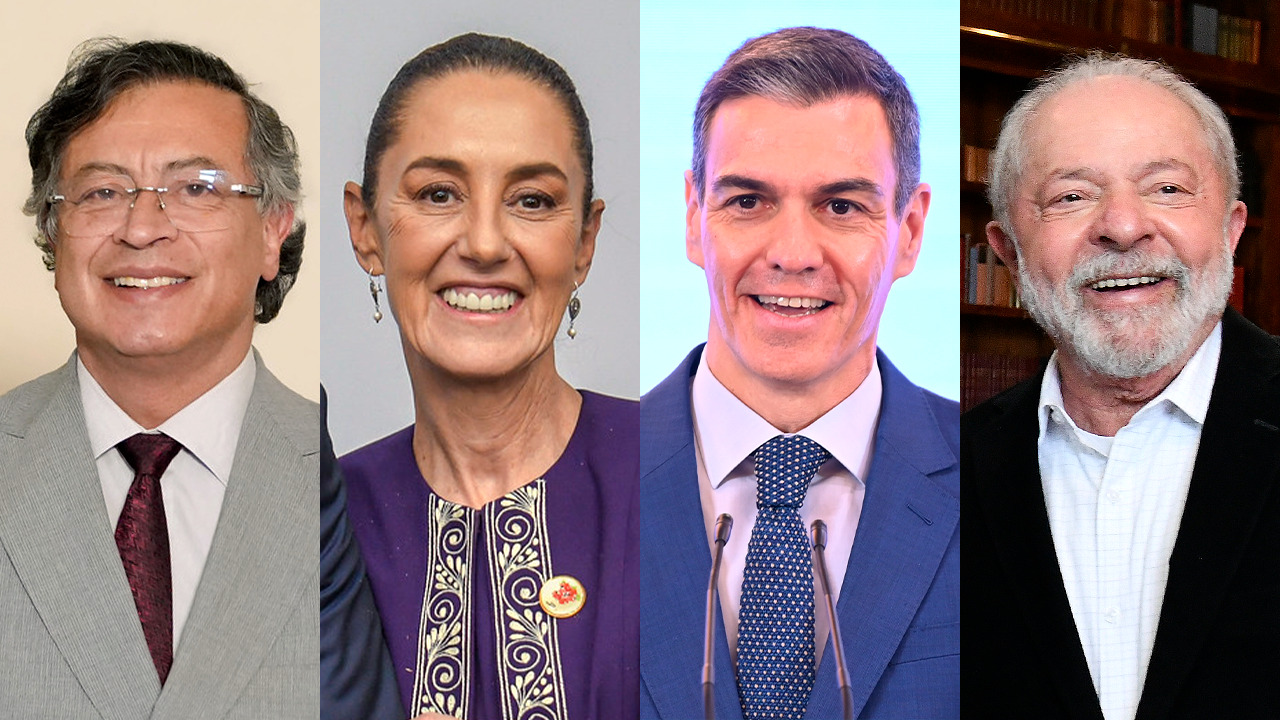 Los mandatarios de Colombia, Gustavo Petro; México, Claudia Sheinbaum; España, Pedro Sánchez; y Brasil, Luiz Inácio Lula da Silva. Fotos: Andrea Puentes, Juan Cano y Leo Queen - Presidencia de la República / Reuters.
