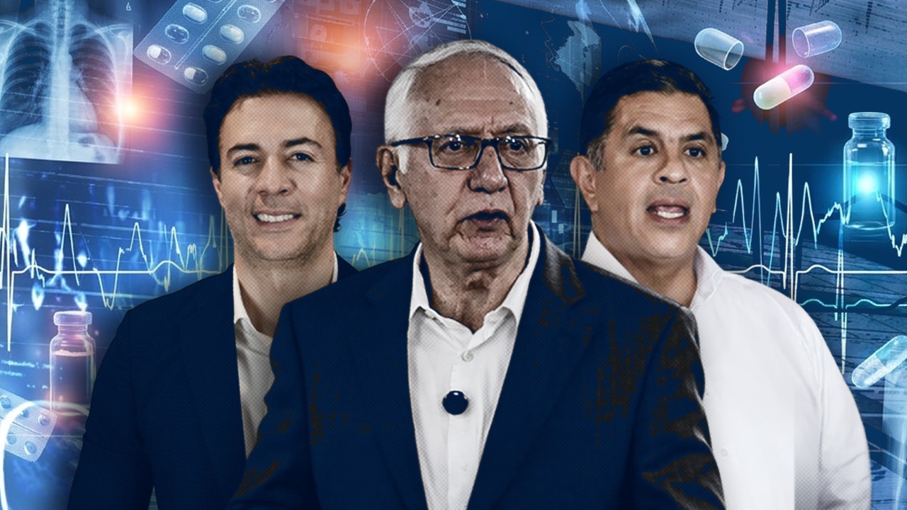 Daniel Quintero (superintendente nacional de Salud), Guillermo Alfonso Jaramillo (ministro de Salud) y Jorge Iván Ospina (interventor de la Nueva EPS). Fotoilustración: Yamith Mariño - CAMBIO