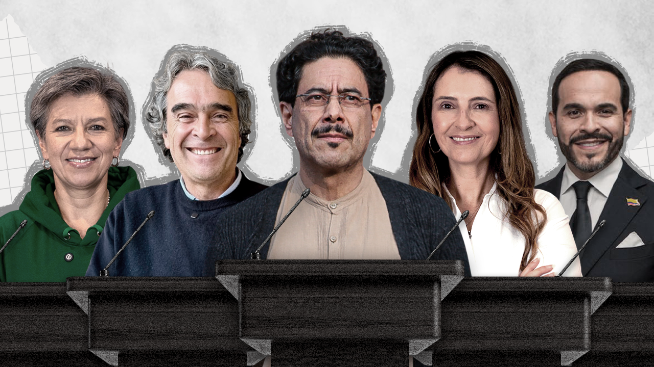 Claudia López, Sergio Fajardo, Iván Cepeda, Paloma Valencia, Abelardo De la Espriella, candidatos a la Presidencia. Fotoilustración: Kim Vega - CAMBIO